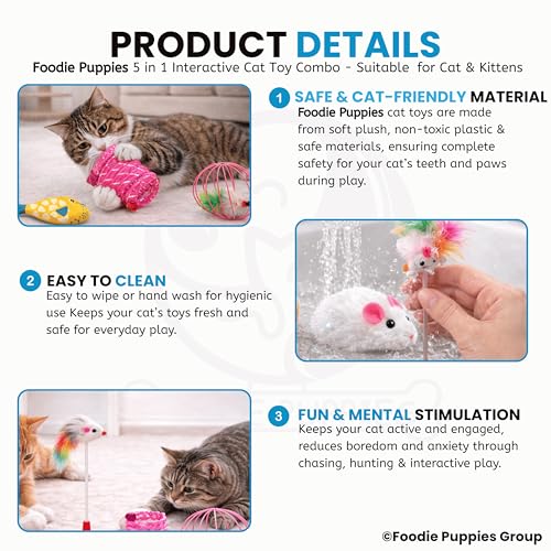 Image of Foodie Puppies 5-in-1 Interactive Cat Mini Toy Combo for Cats & Kittens | Blowfish Toy, Mouse Cage Ball, Spring Coil, Fur Mouse Stick & White Fur Mouse | Indoor Play & Exercise Toys