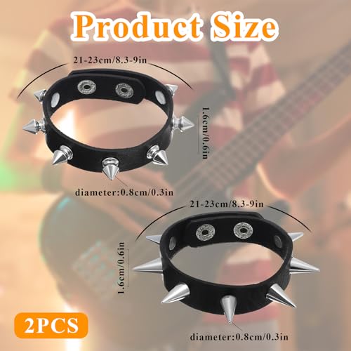 2Pcs Punk Rock Spike Bracelet, Adjustable Leather Studded Bracelet Black Emo Bracelets Gothic Jewelry for 80s 90s Vintage Womens Men Halloween Punk Gift2