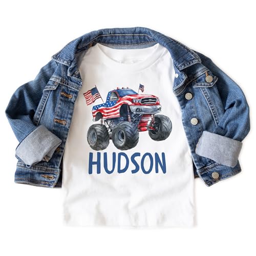 Personalized Boys 4th of July Shirts - Custom Name Patriotic Monster Truck American Flag Independence Day T-Shirt - Natural Boys & Girls Toddler, Youth Clothing