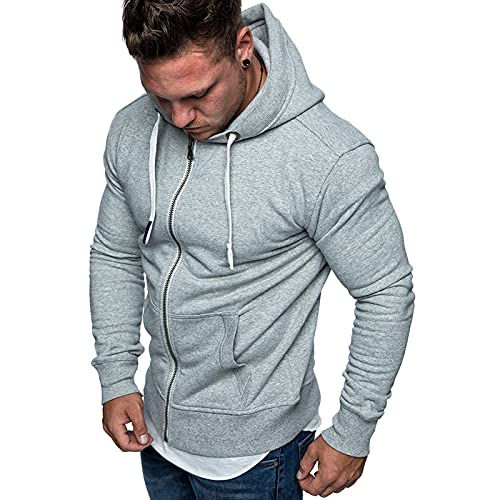 Men's Fashion Hoodies Sweatshirts Workout Sport Casual Athletic Gym Fleece Zipper Cardigan Tops Light Gray