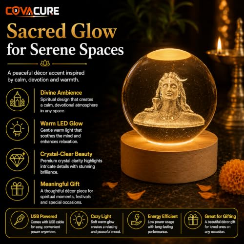 Image of COVACURE 3D Shiv Crystal Ball Night Lamp, Solar System, USB Table Colorful LED Wooden Base Crystal Ball for Home Decoration Birthday Gift for Teens Boys and Girls (Adiyogi)