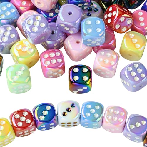 UR URLIFEHALL 50 Pcs Rainbow Iridescent Acrylic Dice Beads Colourful Square Spacer Beads for Jewellery Making Hairband Crafts Decoration