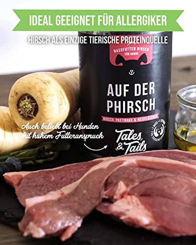 Tales & Tails Auf der PHIRSCH Nassfutter für Hunde | Mit 75% Hirsch als tierische Proteinquelle | Monoprotein | Nur 6 Zutaten | Hohe Akzeptanz & Verträglichkeit | 1x 400g