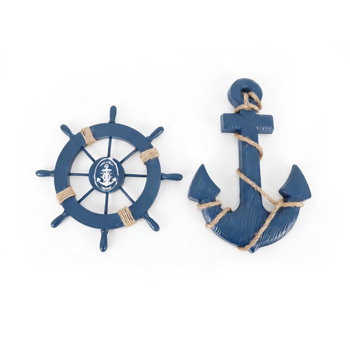 Gutol Set di decorazioni nautiche in legno da 2 pezzi: timone da 28 cm e ancora da 33 cm con corda per decorazioni da parete e da appendere alla porta