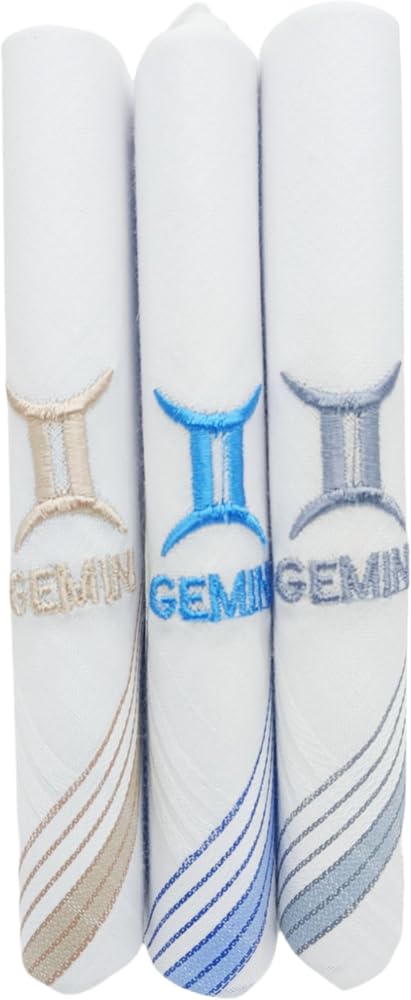 Gemini Zodiac Sign Silk Embroidered Cotton Handkerchief for Men| White and Multicolor| 45x45 cm| Pack of 6-image-26