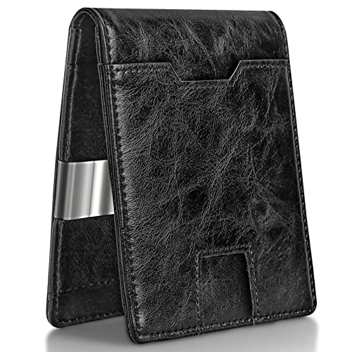 NPET Herren-Geldbörse mit Geldclip, minimalistisches Leder, RFID-blockierend, doppelt gefaltet, Vordertasche für Männer, schwarz, 01A Cover