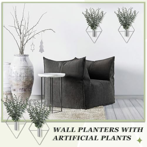 Image of Jexine 8 Pcs Hanging Planters with Artificial Eucalyptus Metal Hanging Vase Indoor Plants Holder Modern Geometric Boho Bathroom Wall Decor for Living Room Home Office (Eucalyptus,Silver)