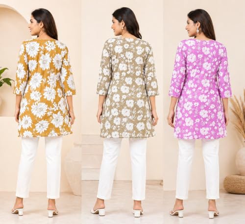Image of Women Floral Printed Short Kurti Combo Pack of 3 | Stylish Casual Wear Kurtis for Daily & Office Wear Pink