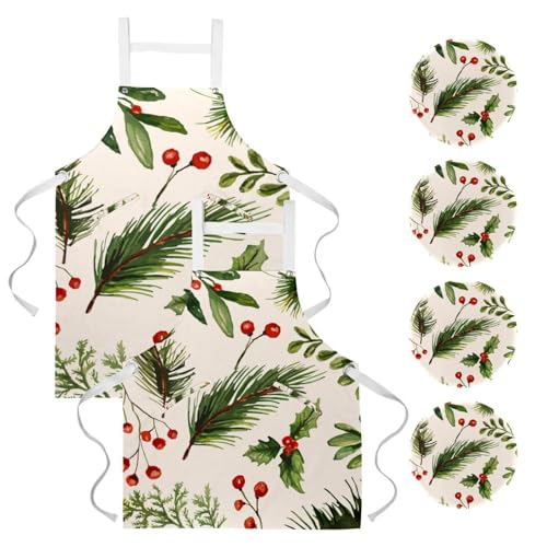 Tablier de serveuse pour cuisine restaurant bistrot bar motif branches rouges x2