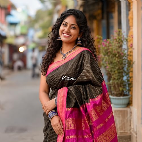 Image of Gadwal Cotton Silk Checked Saree for Women | Pure Kalyani Cotton Checked Saree with Zari Border Tassels & Blouse | Kanjivaram Linen Silk | Handloom Weave