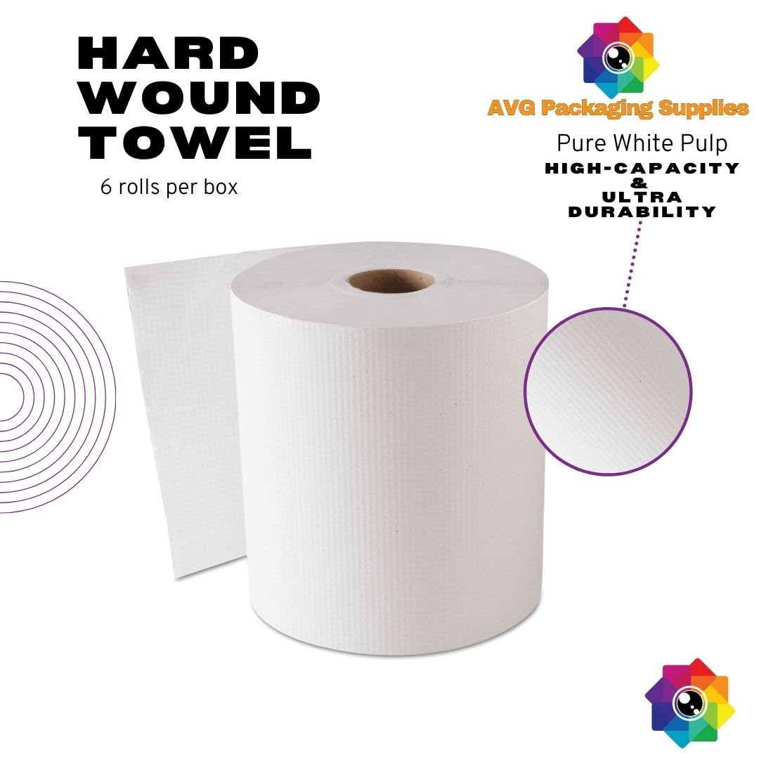 AVG- Hard Wound Hand Tissue Towel - 6 Rolls per Case, High-Capacity and Ultra-Durable, Ideal for Commercial and Home Use
