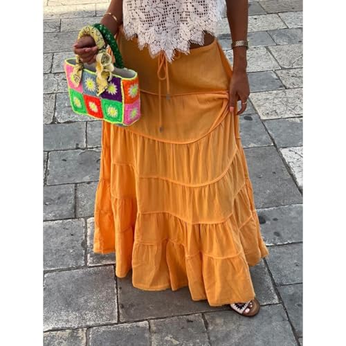 Maxi Skirts for Women Summer Casual Vacation, Drawstring Elastic High Waist Ruffles Maxi Skirts Solid Color3