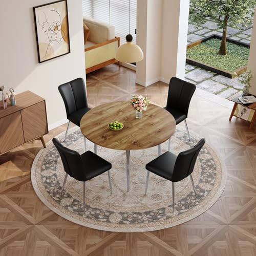 Image of Extendable Round Dining Table Set for 4, 42-54 inch Expandable Dining Table with 4 Upholstered Chairs, Engineered Wood Top, Space-Saving Round Kitchen & Dining Room Table Set(1 Table + 4 Black Chairs)