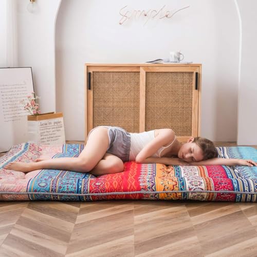 Image of MAXYOYO Bohemian Retro Mattress Vintage Floral Japanese Futon Roll Up Tatami Floor Mat Foldable Mattress Portable Camping Mattress Sleeping Pad Floor Lounger Couch Full Size