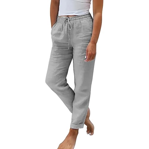 Women's Linen Summer Pants Elastic High Waist Solid Color Cotton Casual Wide Long Leg Trousers with Pockets