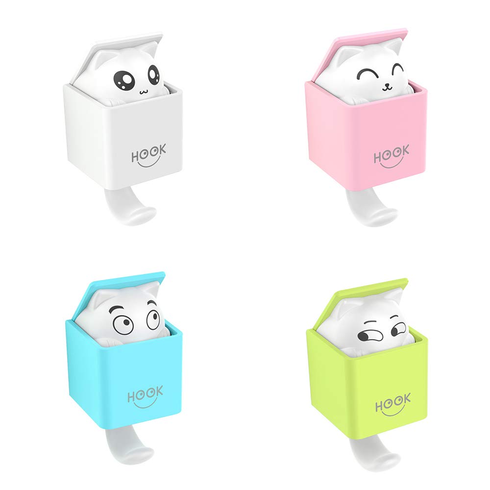 QSHHKAdhesive Wall Hooks, 4 Packs Wall Mounted Robe Hooks Cute, Towel Stands Sticky Kitchen Bathrooms Door Ceiling Hanger Wall Hook for Robe Coat Towel Keys Bags Home,Multicolored