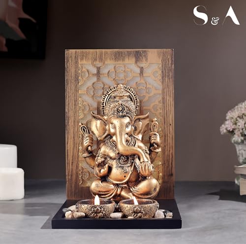 Image of S & A Antique Ganesha Idol with Backlit Design - Decorative Showpiece for Home & Office Decor | Includes Diya & Pebble Arrangement | Festive & Gifting Accent | 23.5 cm