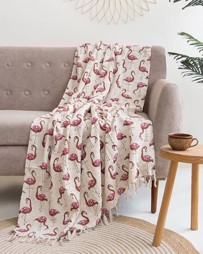Image of Handmade 100% Cotton Hand Block Print Floral Flamingo Sofa Throw Blanket for Couch & Car, 50x70 Inches or 127cm x 178cm (Multi-Color 010)