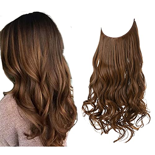 SARLA Light Brown Halo Hair Extension Wavy Curly 18 Inch Long Synthetic Hair Piece for Women Adjustable Transparent Wire Headband 4.2 Oz Heat Friendly Fiber No Clip