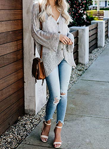 Dokotoo Women Summer Beach Fall Button Down Sheer Knit Kimono Cardigans Open Front Casual Loose Lightweight Thin Sweater Coat Long Sleeve Irregular Hem Grey XX-Large