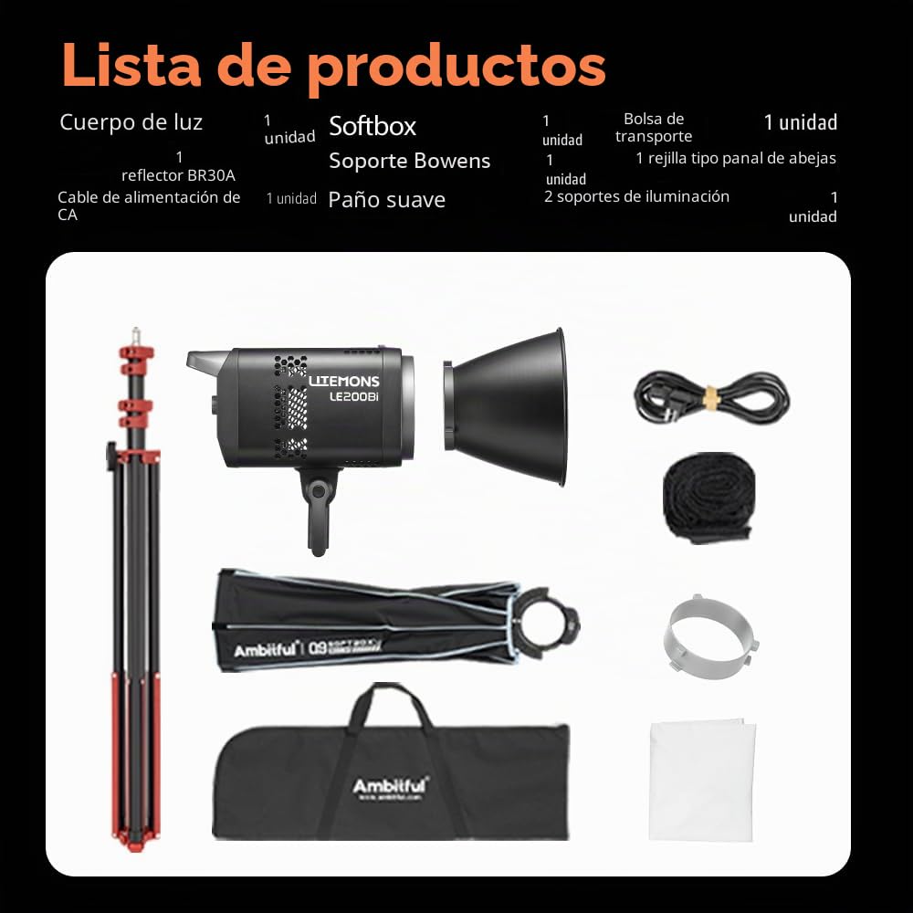 GODOX LE200Bi Kit de iluminación LED para vídeo, COB Bicolor de 220 W con 90 cm softbox, Soporte de 280 cm, 2800 K-6500 K, CRI 98+, Control Bluetooth/DMX para Estudio, grabación de Youtube.