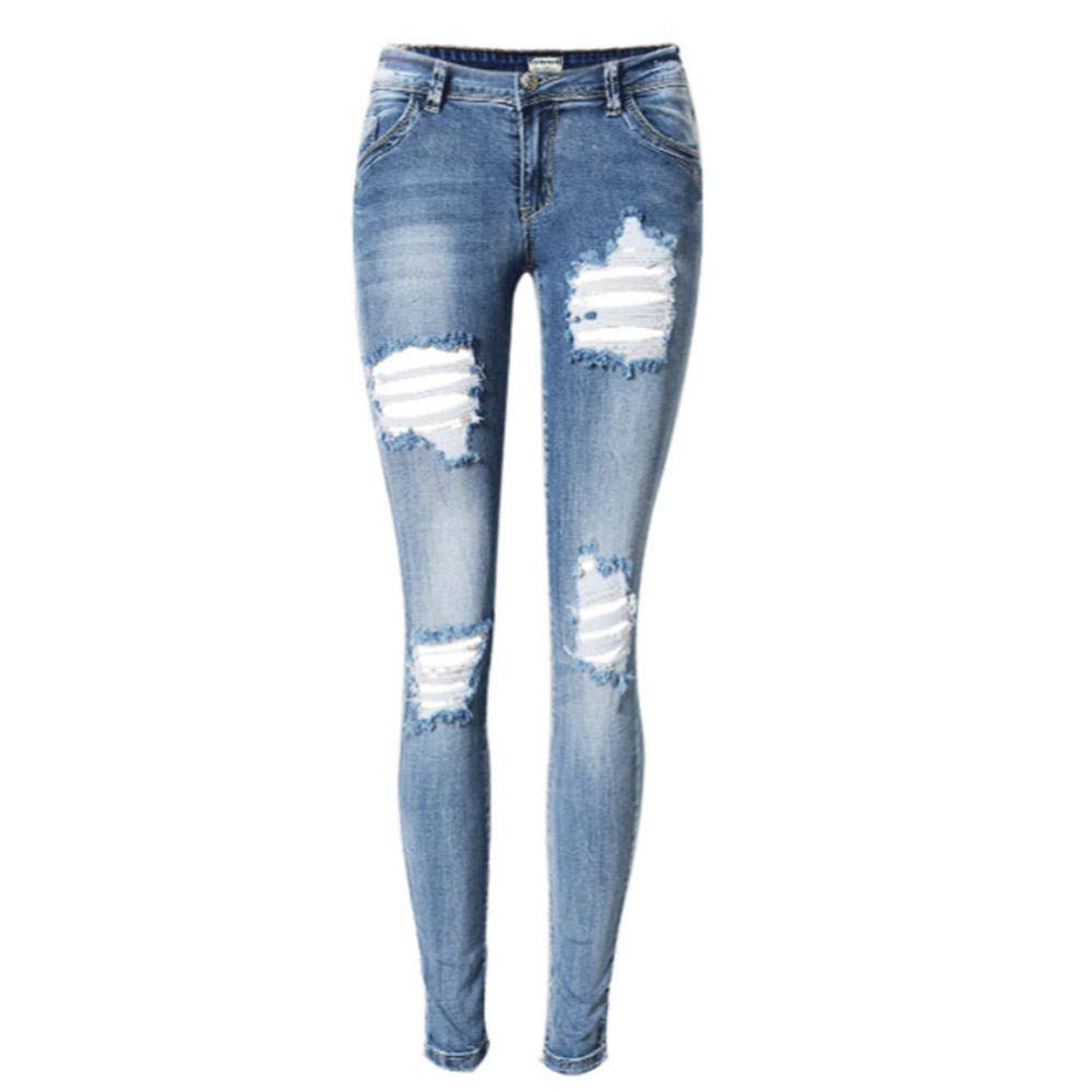 Niedrige Taille Blau zerkratzte Jeans Frauen Mode Loch Distressed Ripped Jeans Femme Push Up gebleichte Vintage Pantalones Mujer-36