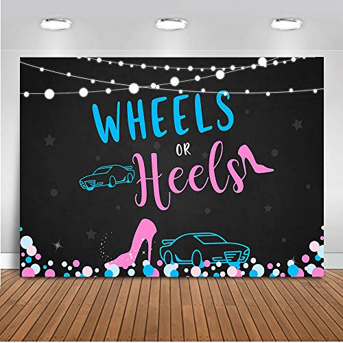 Mocsicka Wheels or Heels Gender Reveal Backdrop Boy or Girl Party Decoration 7x5ft Vinyl High Heels or Hot Wheels Gender Reveal Banner Backdrops