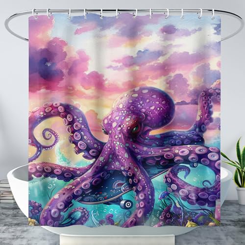 AILONEN Purple Octopus Shower Curtain Set,Cartoon Octopus Bath Curtains Set for Boys Girls,Ocean Animal Print Waterproof Shower Curtain Set with Hooks for Bathroom Decor,72