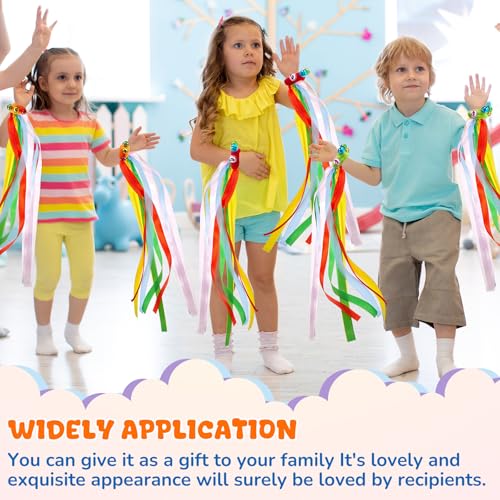 VioraWhite 12 Pcs Rainbow Dance Ribbons for Kids with Bells Elastic Wristband Dance Streamers Hand Jingle Bells Children Musical Rhythm Toys Sensory Educational for Party Activity, Colorful - Thumbnail 5