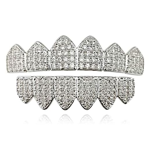 Psivika Diamond Grills Gold Plated Shiny Hip Hop Teeth Grillz Caps Iced Out CZ Top and Bottom Vampire Fangs Grillz for Men and Women (Silver)