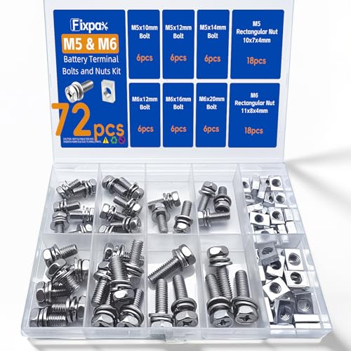 Fixpax 72 Pack M5 & M6 Motorcycle Battery Terminal Bolts and Nuts Kit Stainless Steel M5x10/12/14mm & M6x12/16/20mm Bolts with Rectangular Nuts for ATV Generator Battery Terminal Replacement
