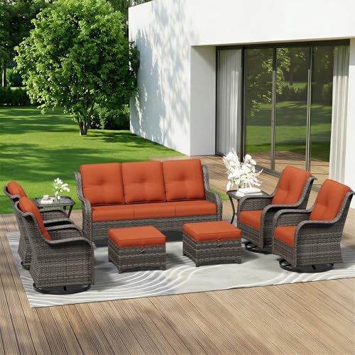 Image of 9 Piece Outdoor Wicker Patio Furniture Set, Outdoor Swivel Rocker Patio Chairs Set with Thickened Olefin Cushions, High Back and Deep Seating, Hand-Woven PE Rattan for Porch, Deck