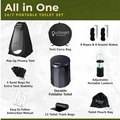Image of Outdoor Portable Toilet Set for Adults with Camping Night Lantern, Folding XL Toilet, Pop Up Privacy Tent and Carry Bags, Multipurpose Potty, Washable and Foldable for RV Travel