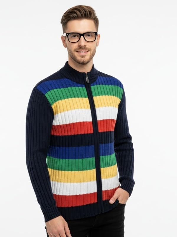 forwards Ribbed-Knit T-Neck Full-Zipper Striped Sweater for Men-picture-32