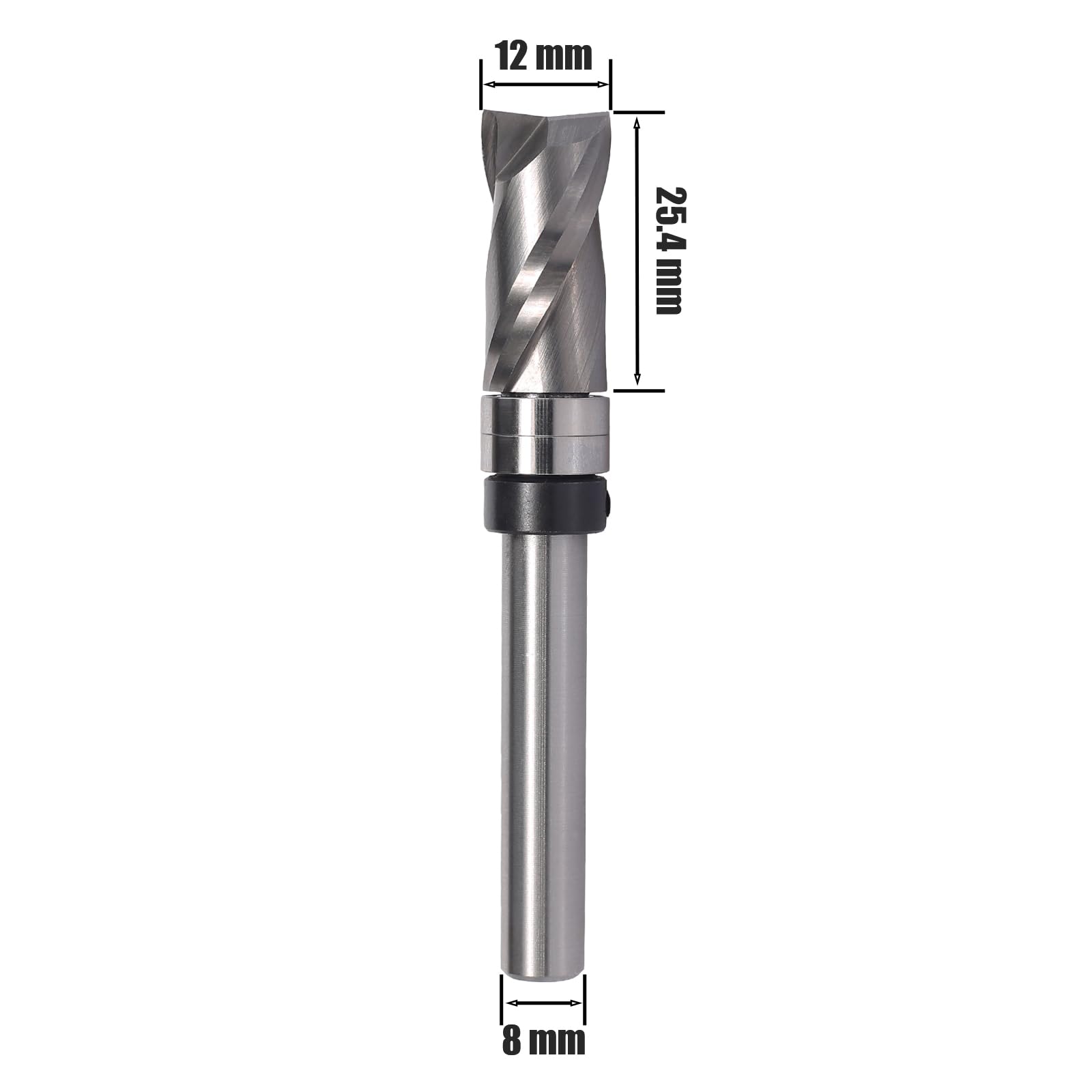 Fresa de enrasado en espiral de 8 mm, fresadora en espiral para fresadora superior, diámetro de corte de 12 mm, longitud de corte de 25,4 mm, ranura en espiral, rodamiento de bolas inferior