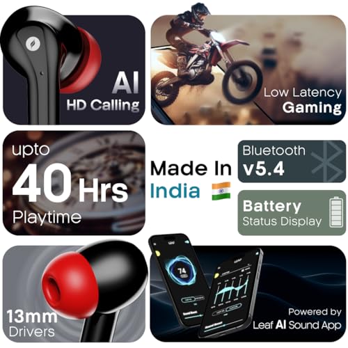 Image of Leaf Buds X214 True Wireless Earbuds AI Sound App, 40H Playtime, AI ENC, HD Calling, 2 EQ Modes, Fast Charging(10min=210min), 13mm Driver with Deep Bass, Bluetooth v5.4 TWS (Blood Black)