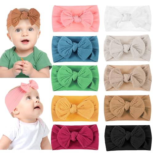 Image of obeoby 10 Pack Baby Nylon Headbands, Baby Girls Bow Headbands Handmade Headband with Bows Soft Elastic Hairbands for Baby Newborn Toddlers Girls