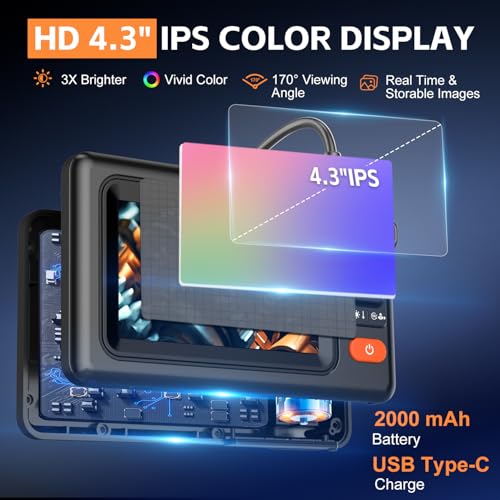 Image of Dual Lens Endoscope Camera with Light, 1920P HD Borescope Camera with 4.3 inch LCD, 8 Adjustable LEDs, 16.4FT Semi-Rigid Cable & 32GB Card-IP67 Waterproof Inspection Borescope for Sewer /Drain /Pipe(Black)