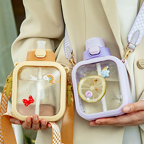 Kawaii Water Bottle For Girls Cute Water Bottles With Straw, Portable Leak Proof Square Kawaii Water Bottle With Stickers And Adjustable Strap - For Outdoor Sports Travel, Bpa-Free, 24Oz (Purple) #TOP5