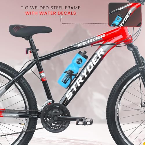 Image of Stryder 26T Krueger 21S Gear Mountain Cycle (Black-Teal Green) - 21-Speed | Front Suspension | Dual Disc Brakes | Steel Frame | Double Wall Alloy Rims | Unisex MTB Bicycle (Black::Red)