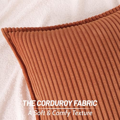 Mecatny Corduroy Fall Throw Pillow Covers 24x24 Set of 2, Neutral Decorative Soft Burnt Orange Boho Couch Pillow Covers with Broadside for Sofa Living Room, Rust