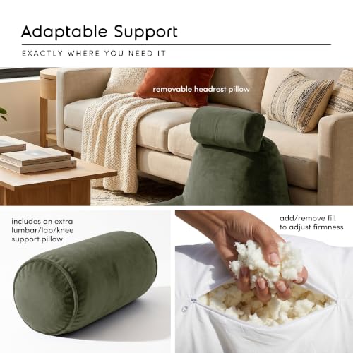 Image of Nestl Reading Pillow with Shredded Memory Foam Includes 2 Neck and Lumber Support Pillows, Designed for Sitting Up in Bed and Couch, Back and Arms Adjustable Support for Adult & Teens, Olive Green