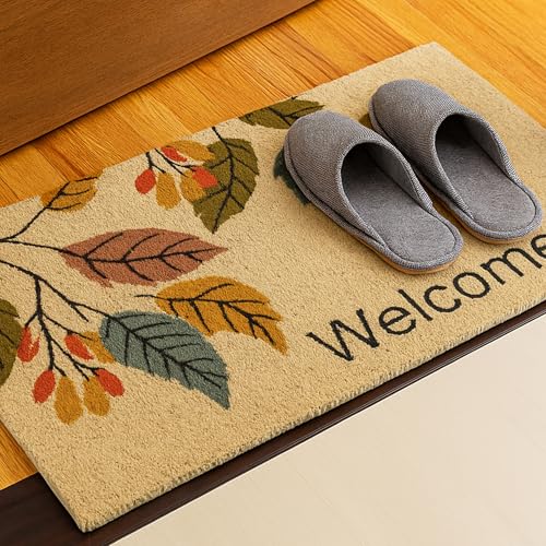 Image of Encasa XO Coir Door Mats for Home Entrance | (60x40 cm), Welcome Leaf | Thick Anti-Slip Doormat with PVC Back | Ideal for Indoor, Outdoor, Patio, and Office | Durable and Easy to Clean