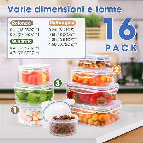 YASHE Contenitori Ermetici per Alimenti, 16 Pezzi (8 contenitori, 8 coperchi), Contenitori di Plastica Contenitori Alimenti, Senza BPA, 100% a Prova di Perdite, Lavastoviglie - immagine 3