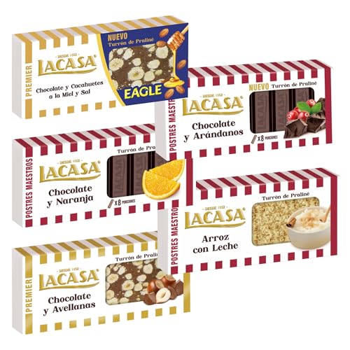Pack Surtido 5 Turrones Lacasa:Arroz con Leche, Chocolate y Arándanos, Cacao y Avellanas, Chocolate y Naranja,Cacahuete Eagle