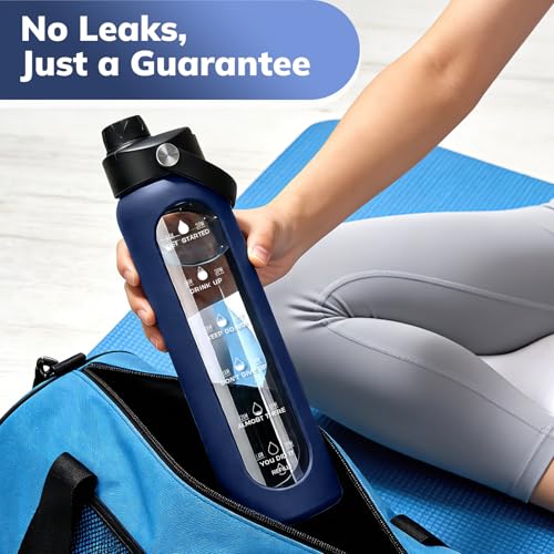 Image of Aqulea 32 oz Glass Water Bottle with 2 Lids - Spout & Straw Lids, 1L Motivational Borosilicate Glass Water Bottle with Time Marker & Silicone Sleeve, Leakproof (Blue)