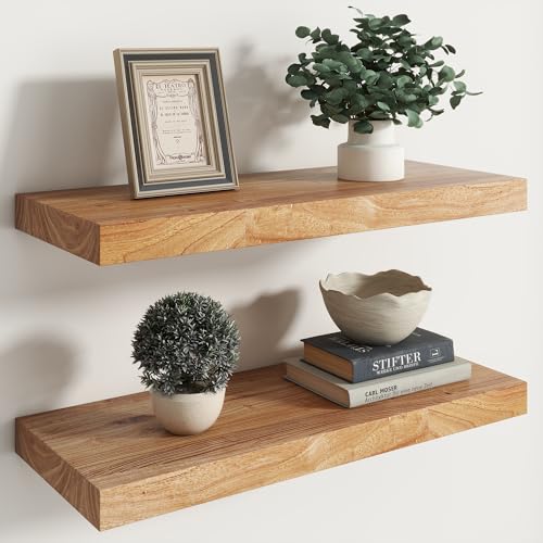 Image of RICHFOCUS Elm Floating Shelves for Wall - 24 inch W x 9.3 inch D Rustic Solid Wood Shelves with Invisible Bracket, Wall-Mounted for Living Room, Bedroom, Kitchen Storage & Display, Set of 2, Natural