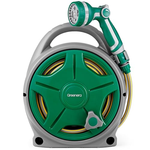Garden Hose Reel 20M 18m Water Pipe +2m Leader Hose Hose Pipe Reel with 10 Adjustable Spray Gun Nozzles Manual Retractable Garden Water Hose Reel Outdoor Hose Reel Set for Garden Patios Balconies