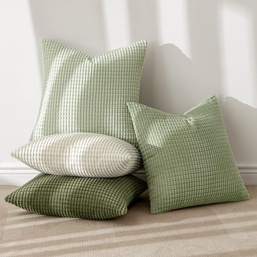 MIULEE Modern Farmhouse Decorative Lumbar Pillow Covers 20x20 Inch Set of 4 Natural Rustic Throw Pillows Neutral Warm Soft Corduroy Couch Pillowcases Home Decor for Sofa Living Room Bed Light Green