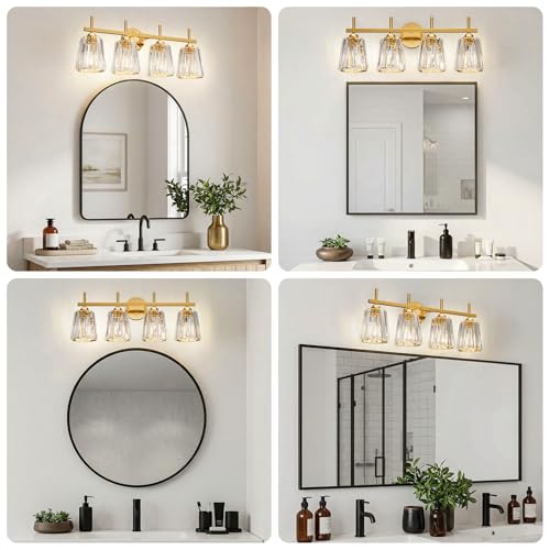 Image of Crystal Bathroom Light Fixtures Over Mirror, Gold 4-Light Bathroom Vanity Lights Over Mirror Modern Wall Lighting Sconces with Ceramic E26 Base (Bulbs Not Include)